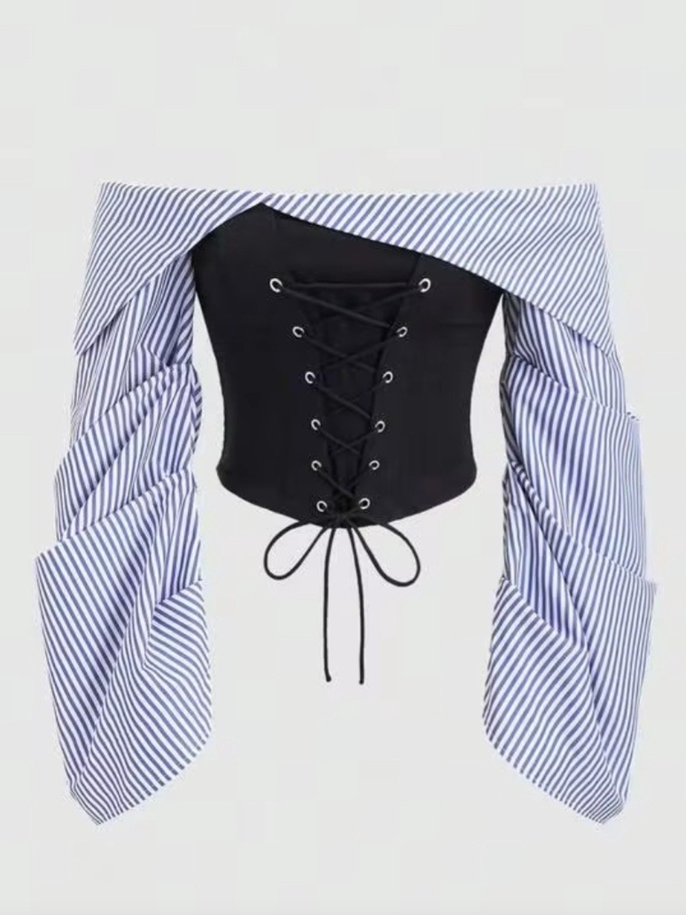 SHEIN Black Lace-Up Corset Top with Blue and White Striped Off-Shoulder Sleeves